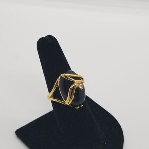 Seta gold tone ring with black glass and crystal accent size 7